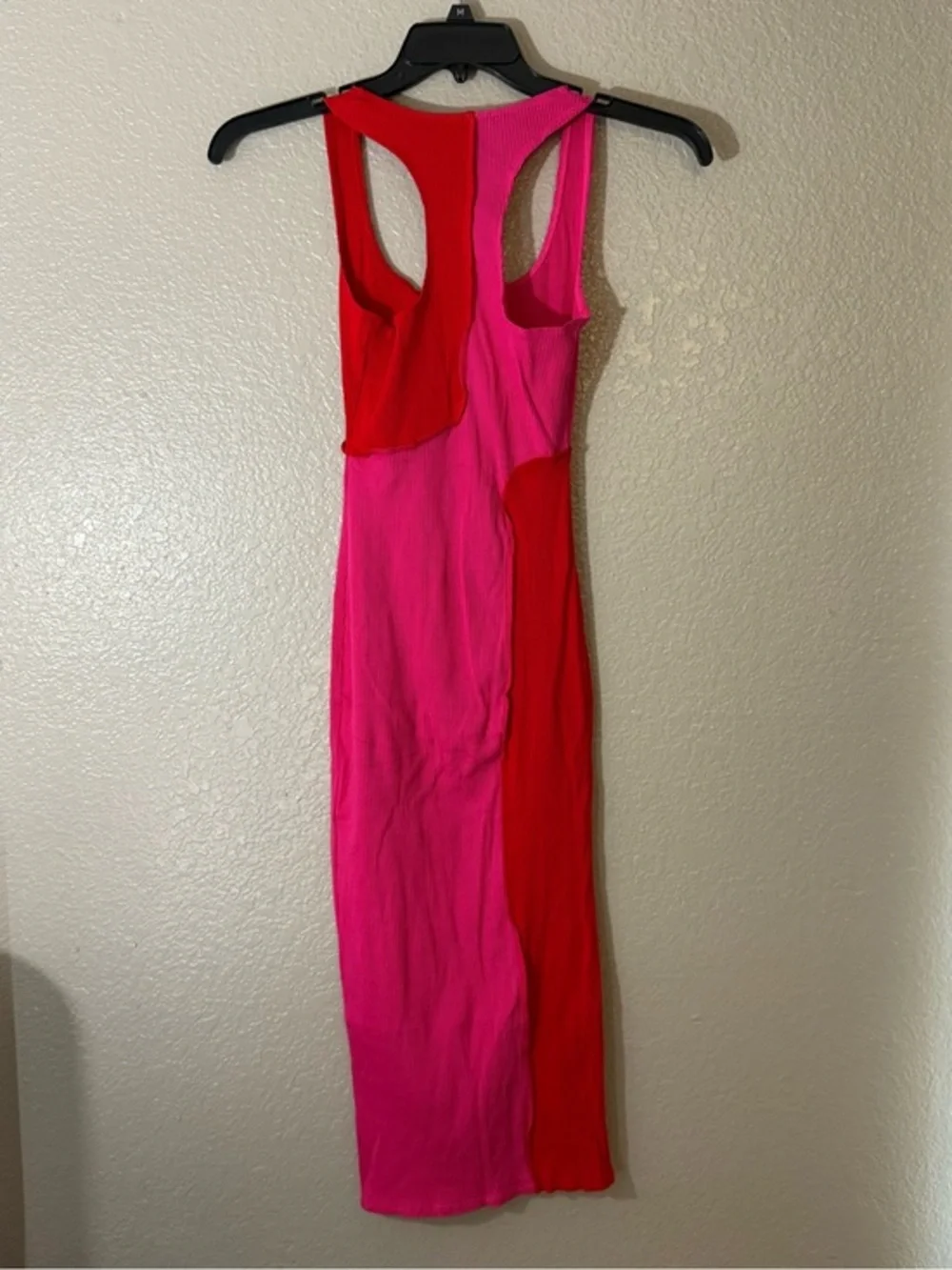 NWOT Sexy Naked Wardrobe Pink Red Colorblock Ribbed Bodycon Midi Dress L